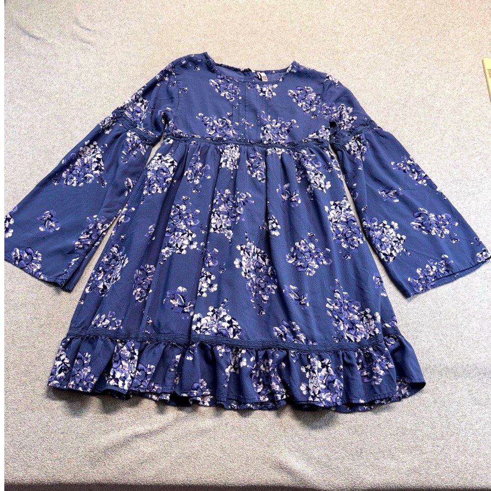Free Style Floral Dress Kids 13-14 Blue Bell Sleeve Ruffle Boho El Corte Ingles